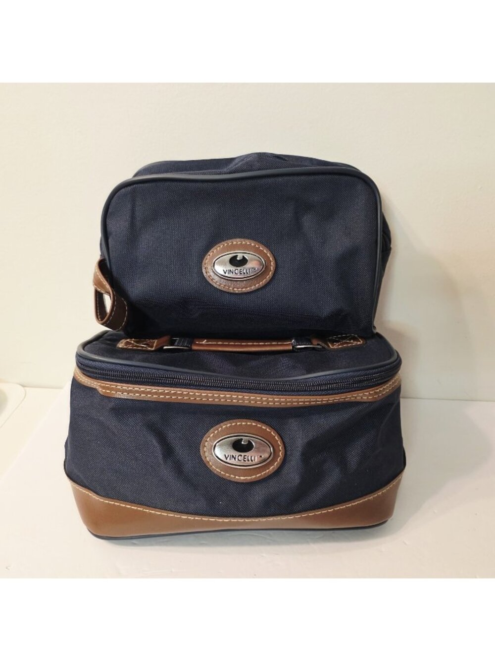 Vtg 2 Piece Vincelli Travel Bag Cosmetic Storage Bags Blue Brown Lether Accents